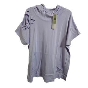 Mono B Lavender Short Sleeve Hoodie Top Distressed Shoulder Kangaroo Pocket M/L